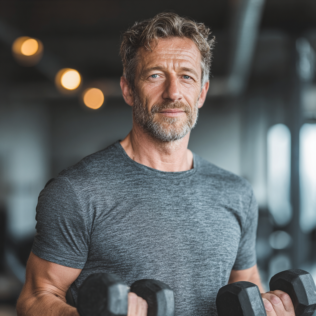 Confident middle-aged man in athletic wear holding dumbbells in a modern gym, showing strength and determination during functional training