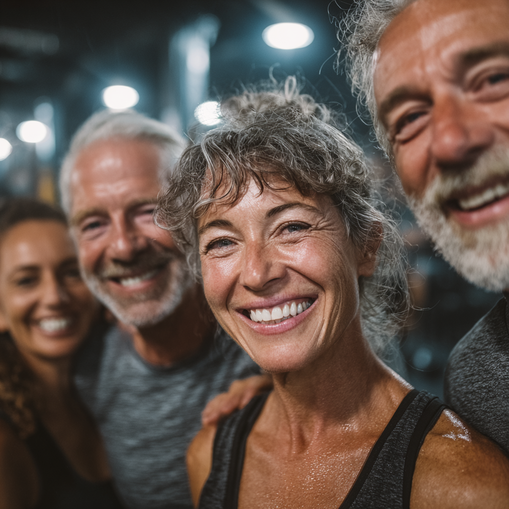 Group of diverse adults in their 40s and 50s smiling and celebrating after completing a fitness class together in a modern gym environment