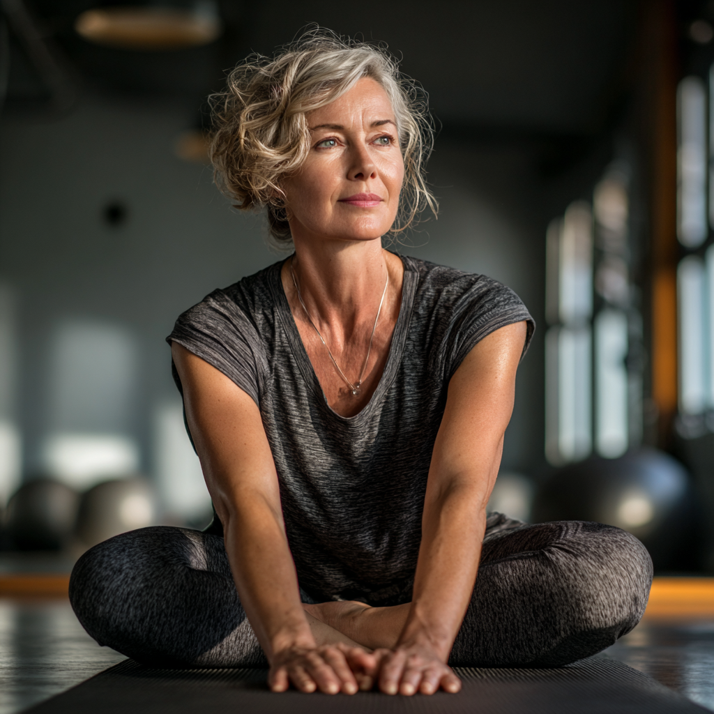 Mature woman in her 50s performing stretching exercise on yoga mat in bright modern fitness studio, demonstrating flexibility and healthy lifestyle